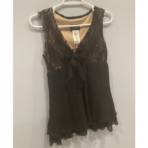 Vtg Womens Babydoll Top Tank M Black Lace Bow Whimsigoth Witchy Y2K Romantic - Picture 1 of 9